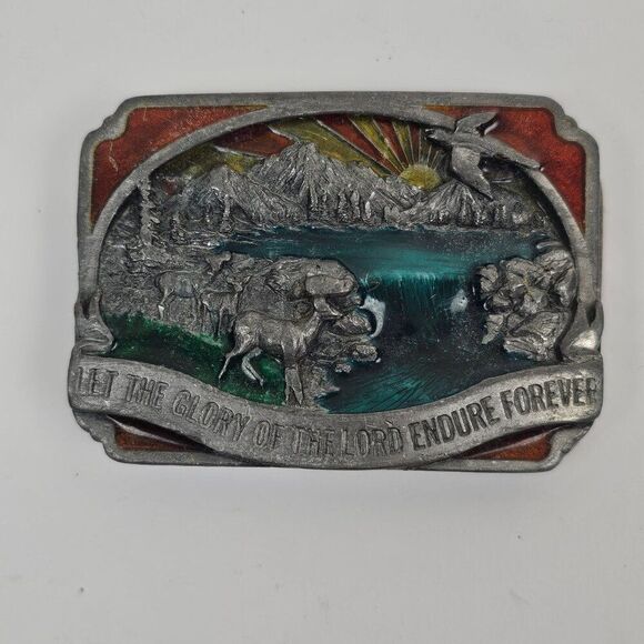 Siskiyou Other - Siskiyou Belt Buckle Religious Enamel Wilderness Outdoor Scene 80s Pewter Vtg
